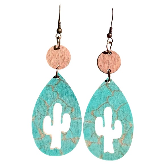 Turquoise Cactus Teardrop Earrings - Picture 1 of 3